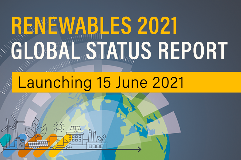 Launch graphic for the Renewables 2021 Global Status Report: Launching 15 June
